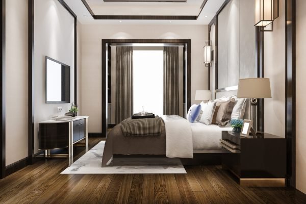 3d rendering  luxury modern bedroom suite in hotel with tv and cabinet